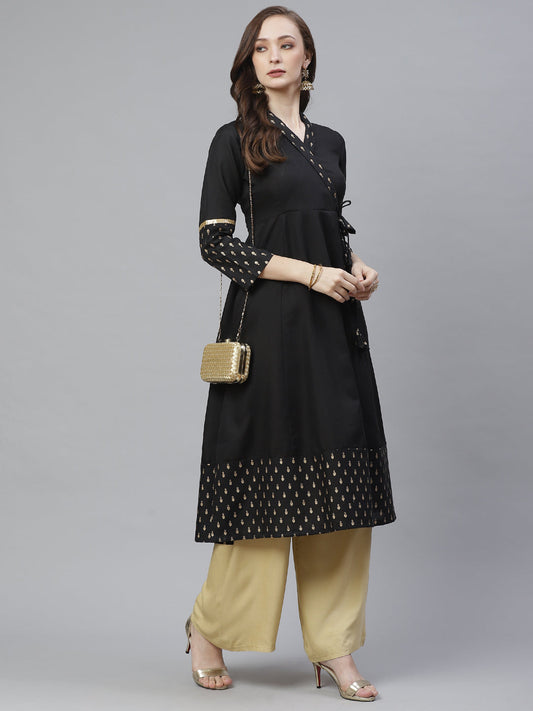 Women's Black & Gold-Toned Ethnic Printed Anarkali Kurta