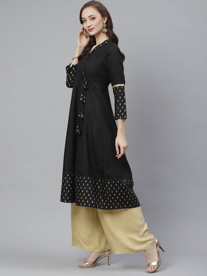 Women's Black & Gold-Toned Ethnic Printed Anarkali Kurta