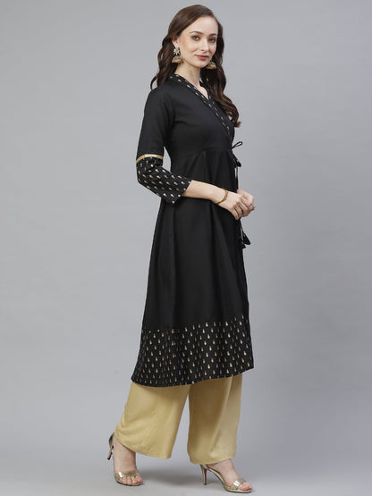 Women's Black & Gold-Toned Ethnic Printed Anarkali Kurta
