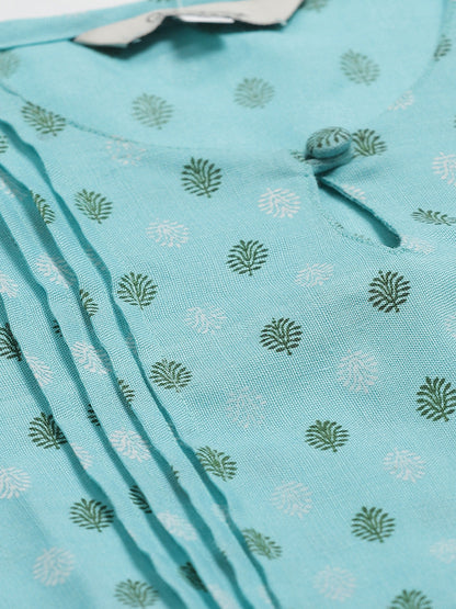 Women's Turquoise Ethnic Print A-Line Kurta