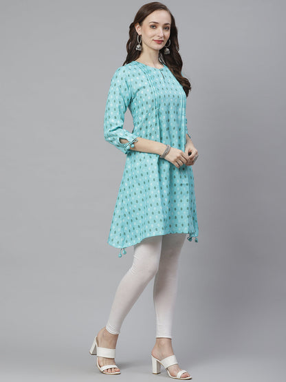 Women's Turquoise Ethnic Print A-Line Kurta
