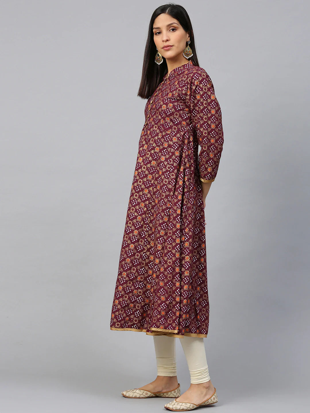 Women's Magenta & Golden Bandhani Printed Anarkali Kurta