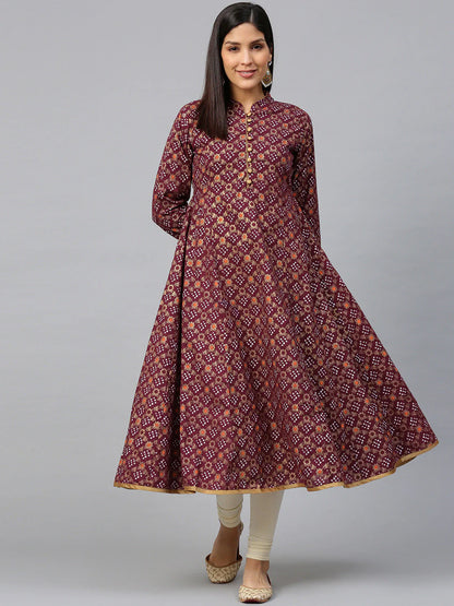 Women's Magenta & Golden Bandhani Printed Anarkali Kurta