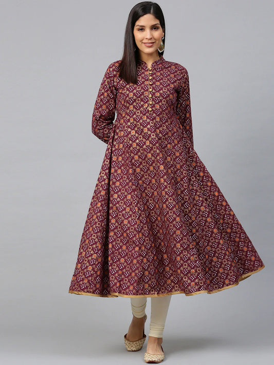 Women's Magenta & Golden Bandhani Printed Anarkali Kurta