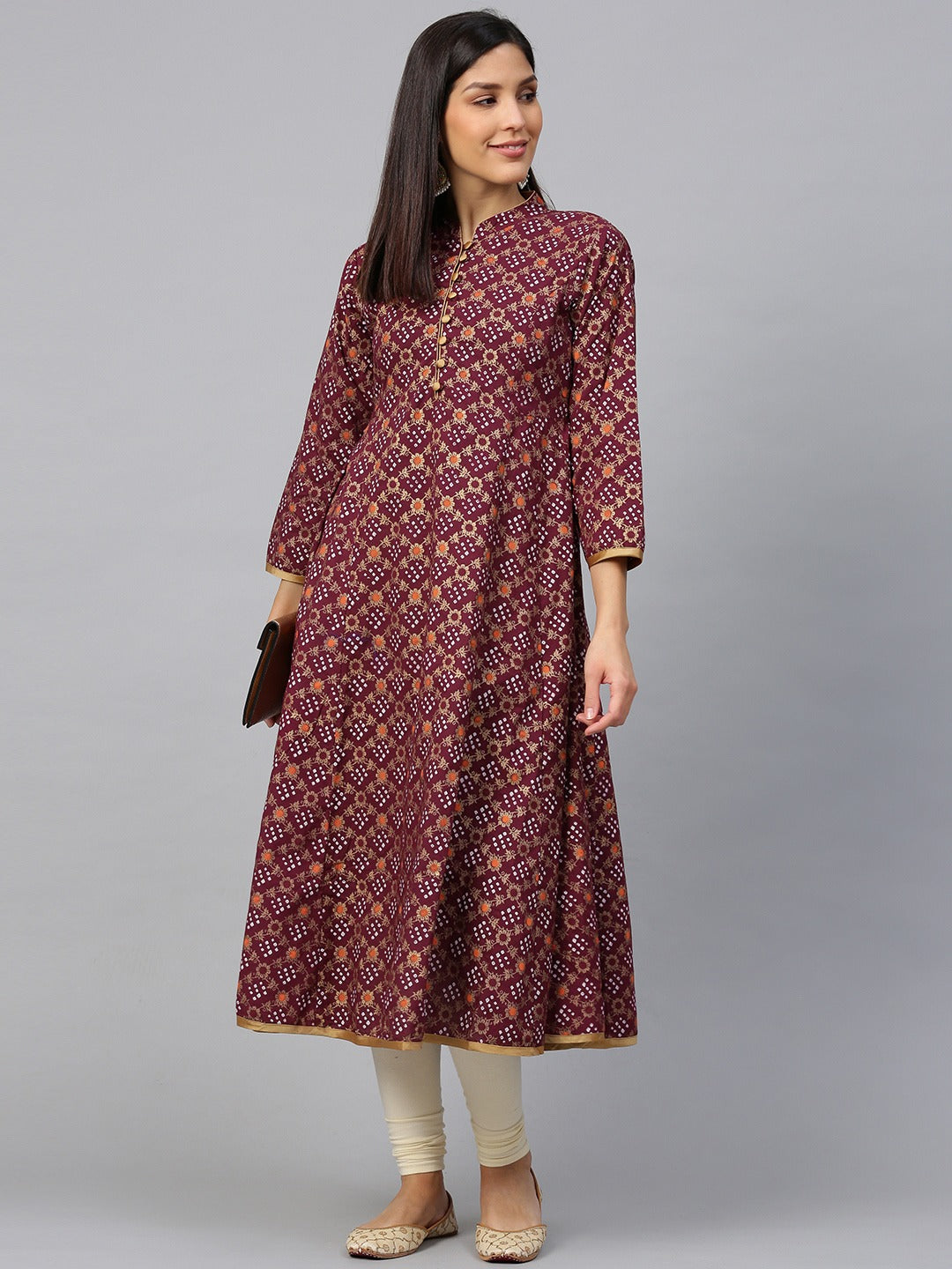 Women's Magenta & Golden Bandhani Printed Anarkali Kurta