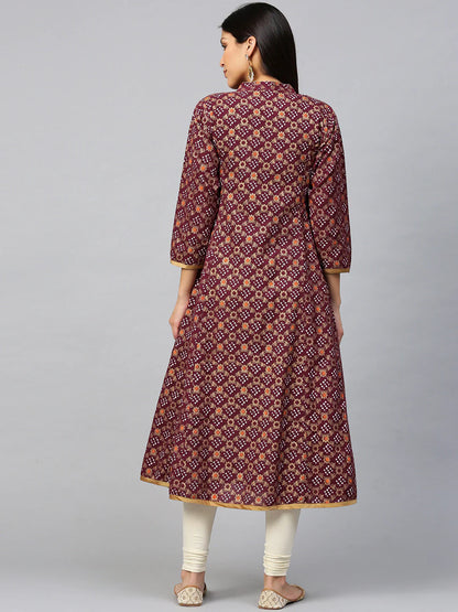 Women's Magenta & Golden Bandhani Printed Anarkali Kurta