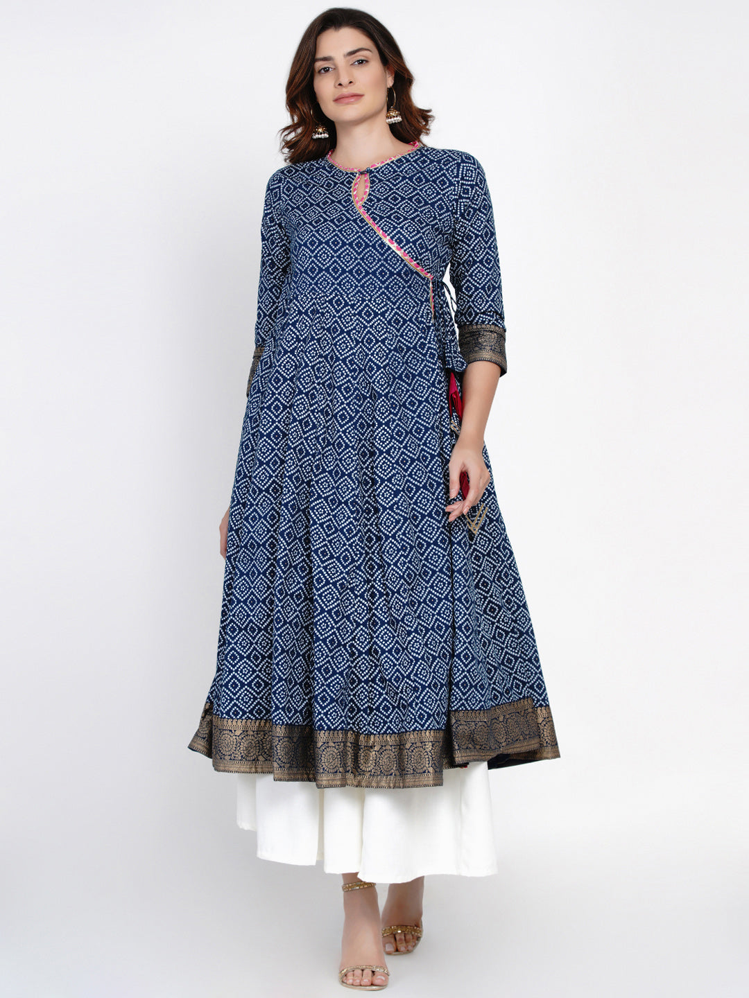 Women's Navy Blue & White Bandhani Printed Anarkali Kurta