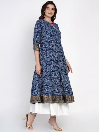 Women's Navy Blue & White Bandhani Printed Anarkali Kurta