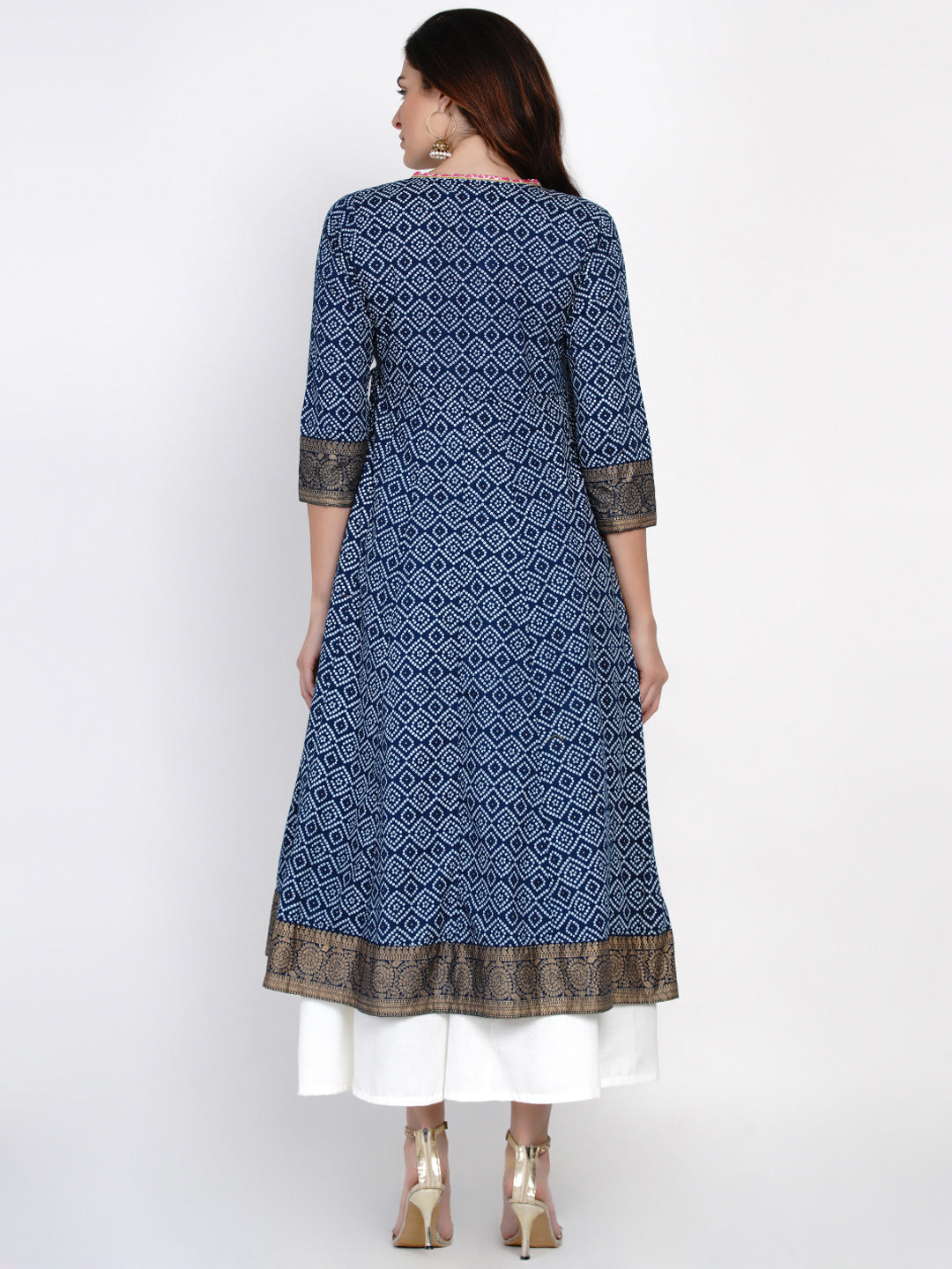 Women's Navy Blue & White Bandhani Printed Anarkali Kurta