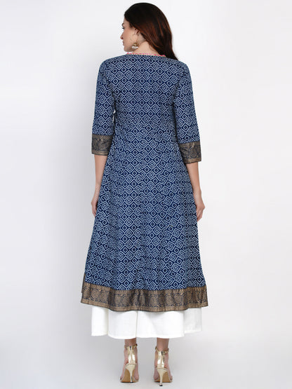 Women's Navy Blue & White Bandhani Printed Anarkali Kurta
