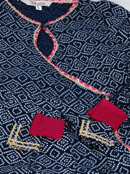Women's Navy Blue & White Bandhani Printed Anarkali Kurta