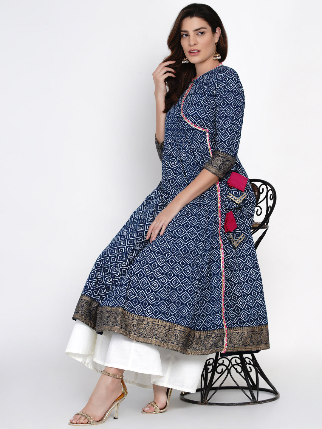 Women's Navy Blue & White Bandhani Printed Anarkali Kurta