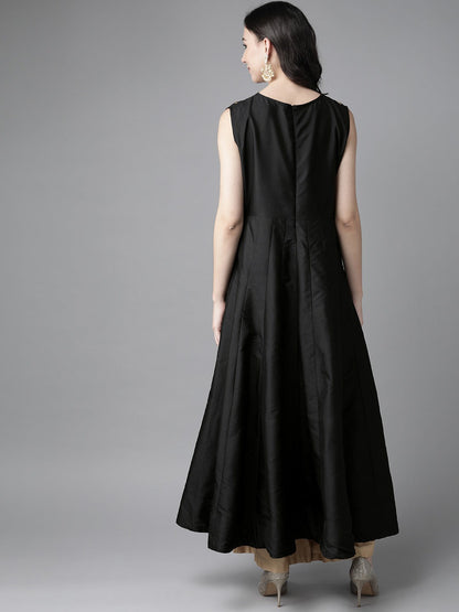 Women's Black Ethnic Motifs Yoke Design Thread Work Kurta