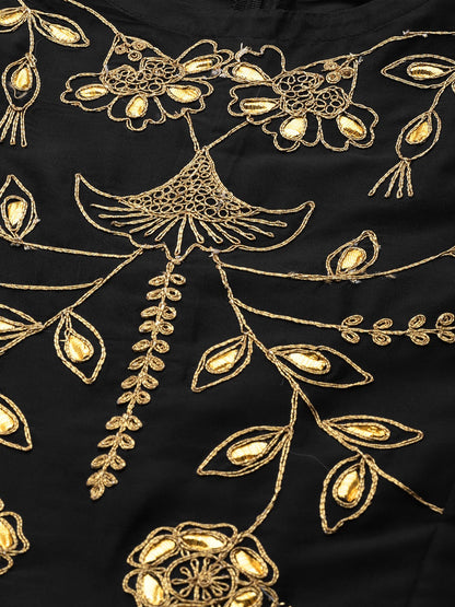 Women's Black Ethnic Motifs Yoke Design Thread Work Kurta