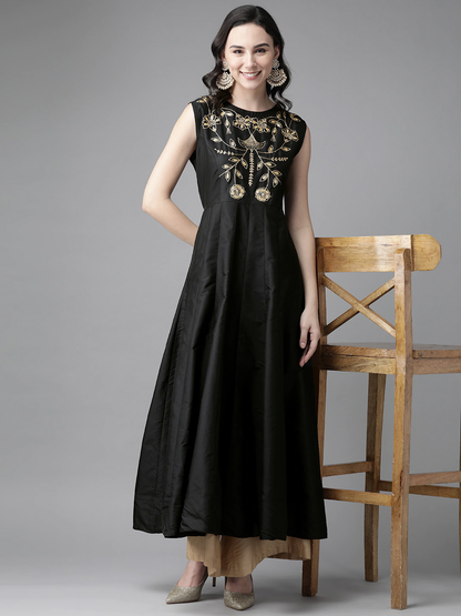 Women's Black Ethnic Motifs Yoke Design Thread Work Kurta