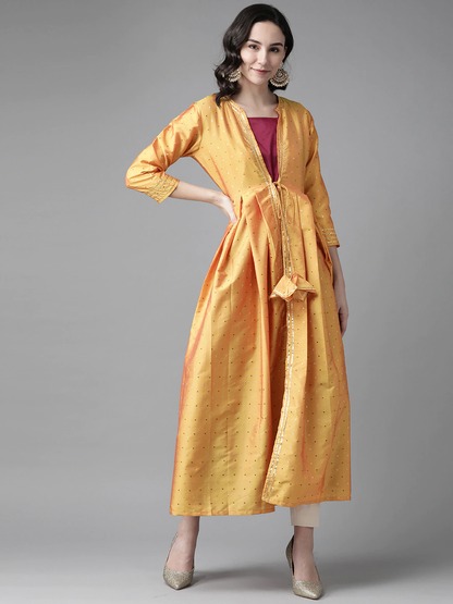 Women's Mustard Yellow & Magenta Woven Design Layered A-Line Kurta
