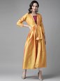 Women's Mustard Yellow & Magenta Woven Design Layered A-Line Kurta