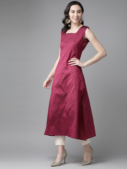 Women's Mustard Yellow & Magenta Woven Design Layered A-Line Kurta