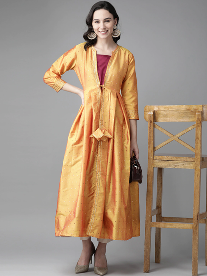 Women's Mustard Yellow & Magenta Woven Design Layered A-Line Kurta