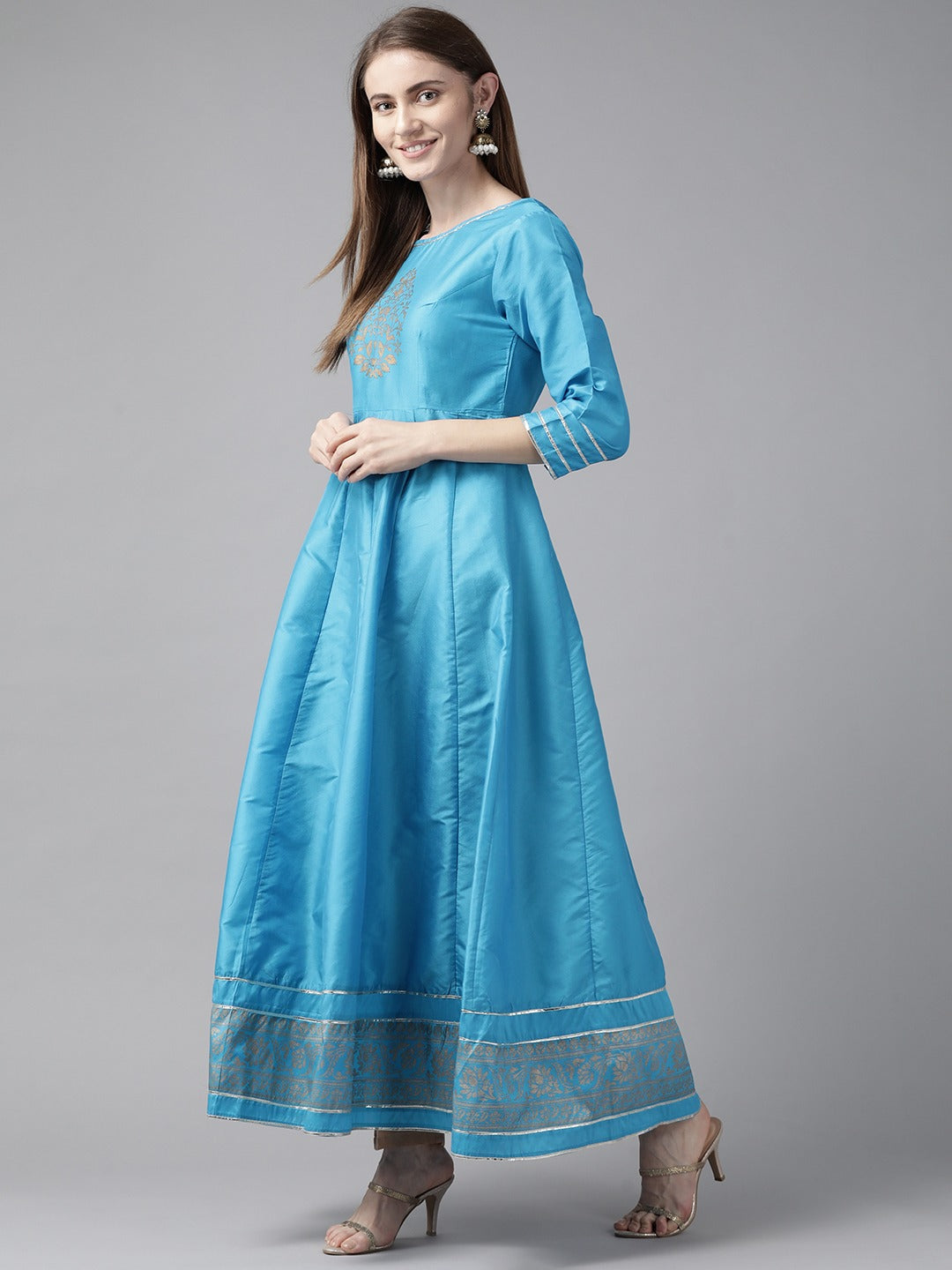 Women's Blue & Gold-Toned Ethnic Motifs Printed Block Print Anarkali Kurta