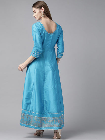 Women's Blue & Gold-Toned Ethnic Motifs Printed Block Print Anarkali Kurta