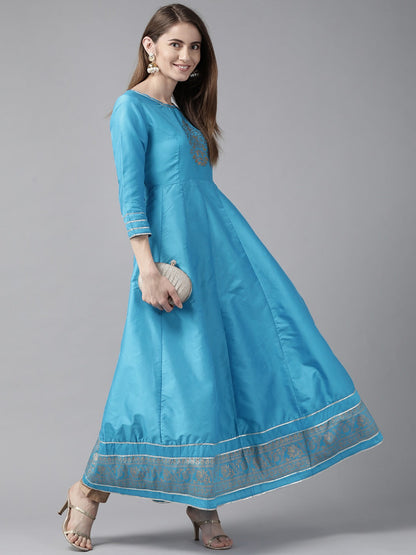 Women's Blue & Gold-Toned Ethnic Motifs Printed Block Print Anarkali Kurta