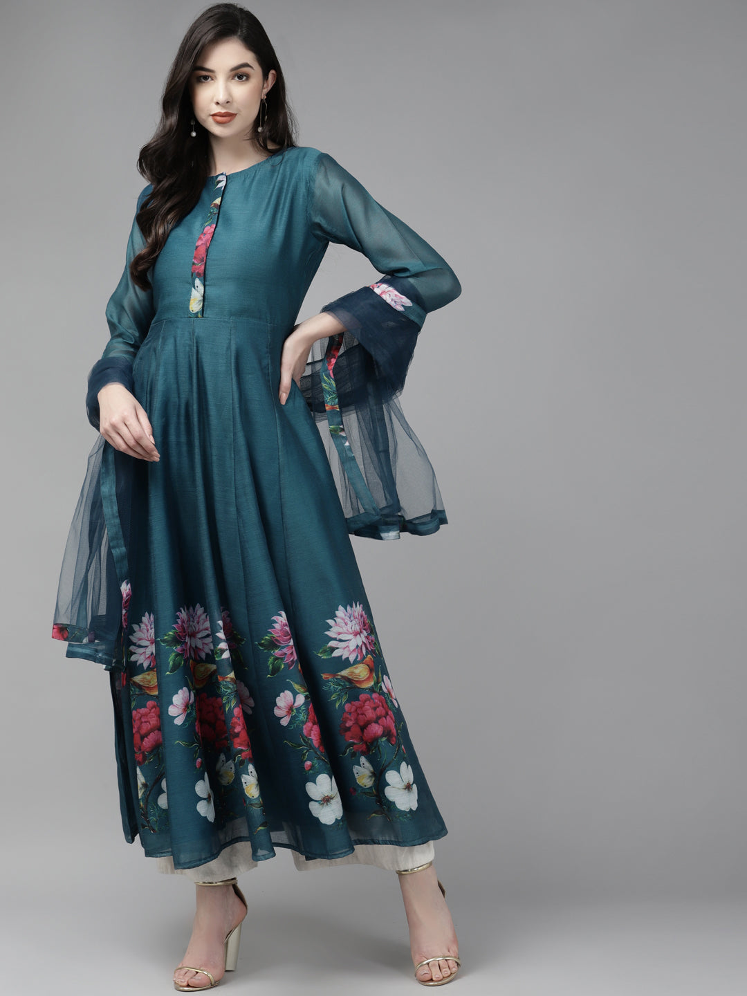 Women's Teal Blue Floral Printed Chanderi Silk Anarkali Kurta With Dupatta