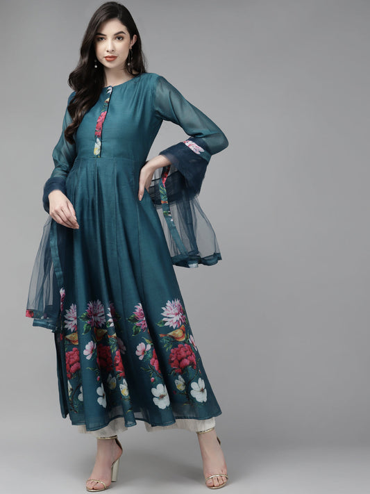 Women's Teal Blue Floral Printed Chanderi Silk Anarkali Kurta With Dupatta