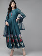 Women's Teal Blue Floral Printed Chanderi Silk Anarkali Kurta With Dupatta