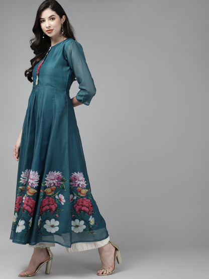 Women's Teal Blue Floral Printed Chanderi Silk Anarkali Kurta With Dupatta