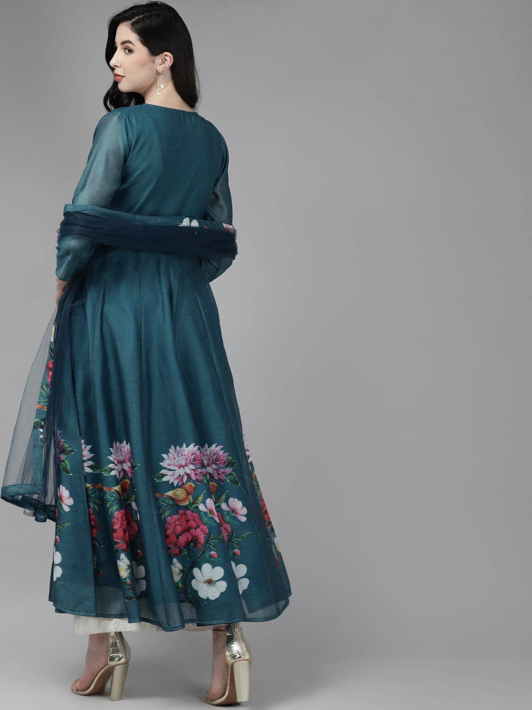 Women's Teal Blue Floral Printed Chanderi Silk Anarkali Kurta With Dupatta