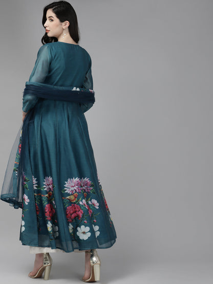 Women's Teal Blue Floral Printed Chanderi Silk Anarkali Kurta With Dupatta