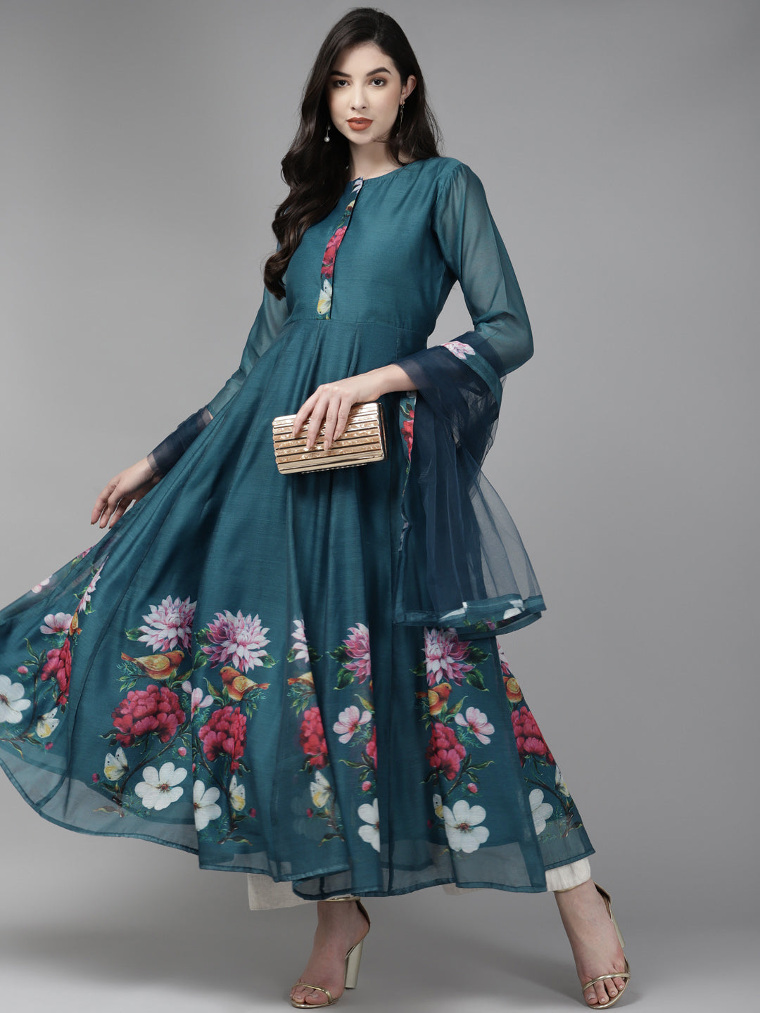 Women's Teal Blue Floral Printed Chanderi Silk Anarkali Kurta With Dupatta