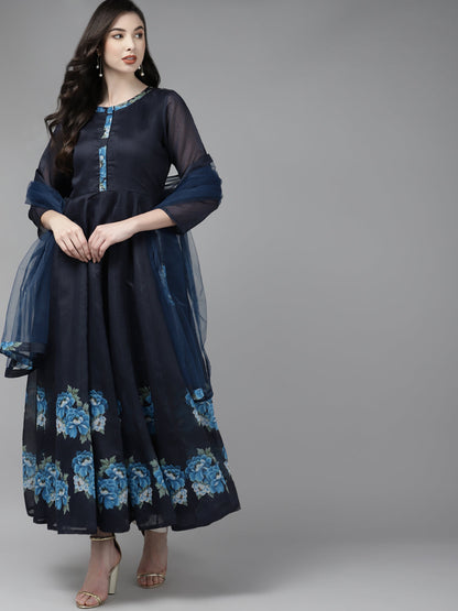 Women's Navy Blue Floral Printed Chanderi Silk Anarkali Kurta With Dupatta