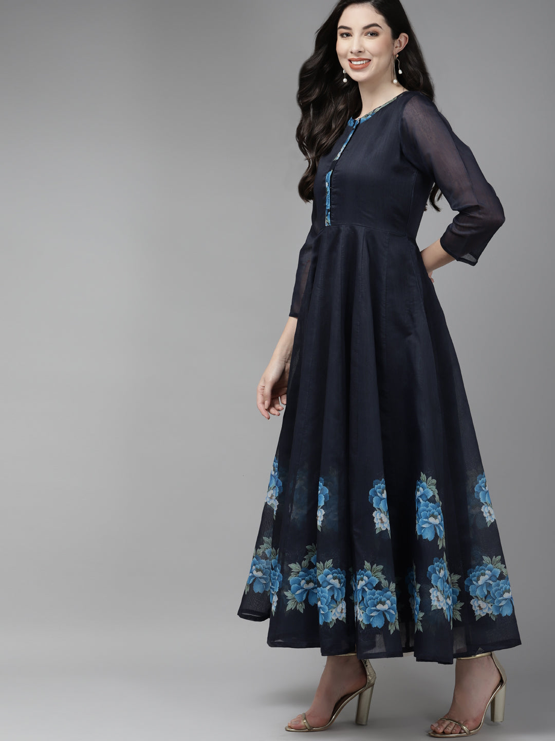 Women's Navy Blue Floral Printed Chanderi Silk Anarkali Kurta With Dupatta