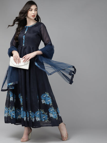 Women's Navy Blue Floral Printed Chanderi Silk Anarkali Kurta With Dupatta