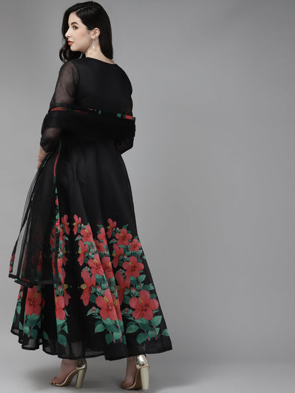 Women's Black Floral Printed Chanderi Silk Anarkali Kurta With Dupatta