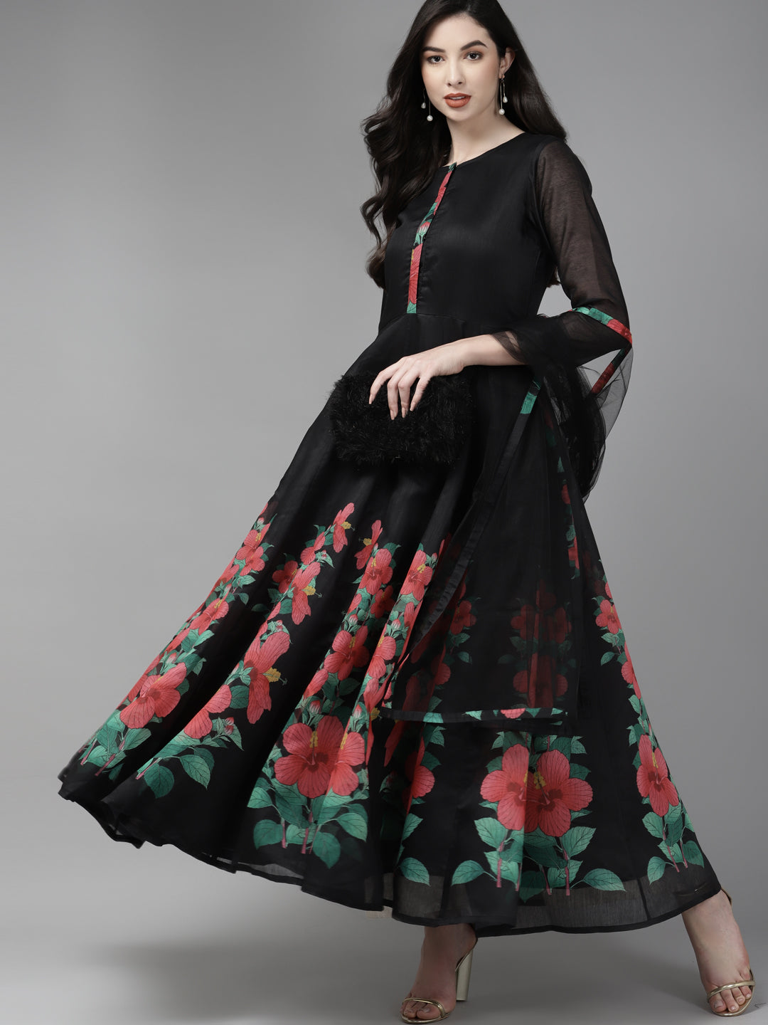 Women's Black Floral Printed Chanderi Silk Anarkali Kurta With Dupatta