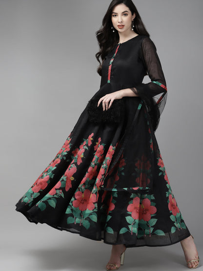 Women's Black Floral Printed Chanderi Silk Anarkali Kurta With Dupatta