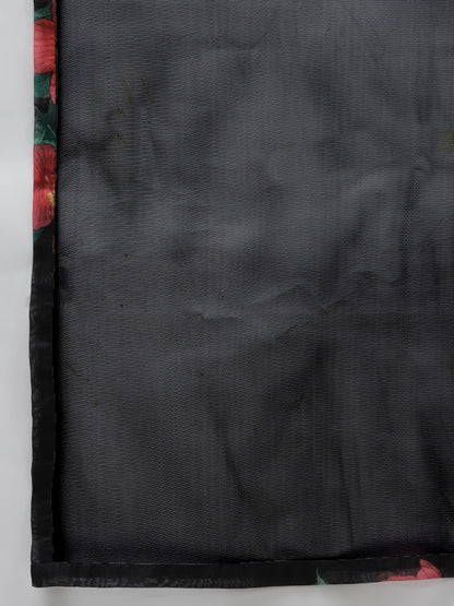 Women's Black Floral Printed Chanderi Silk Anarkali Kurta With Dupatta