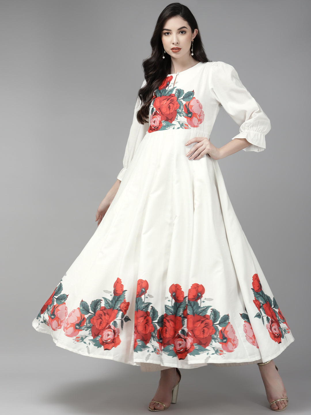 Women's Off White & Red Floral Printed Anarkali Kurta