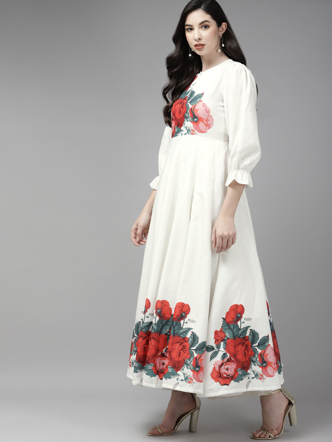 Women's Off White & Red Floral Printed Anarkali Kurta