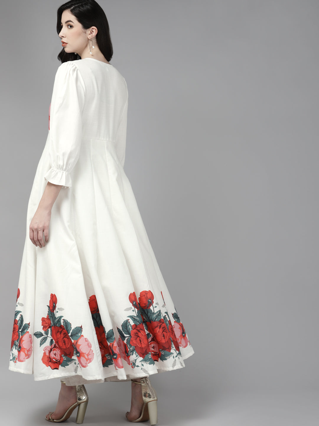 Women's Off White & Red Floral Printed Anarkali Kurta