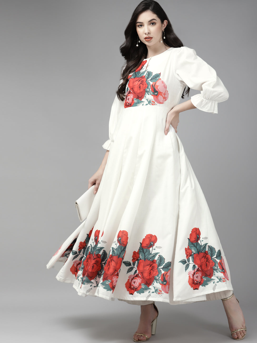 Women's Off White & Red Floral Printed Anarkali Kurta
