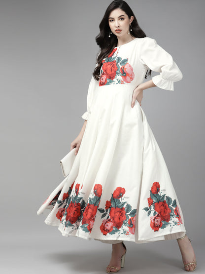 Women's Off White & Red Floral Printed Anarkali Kurta