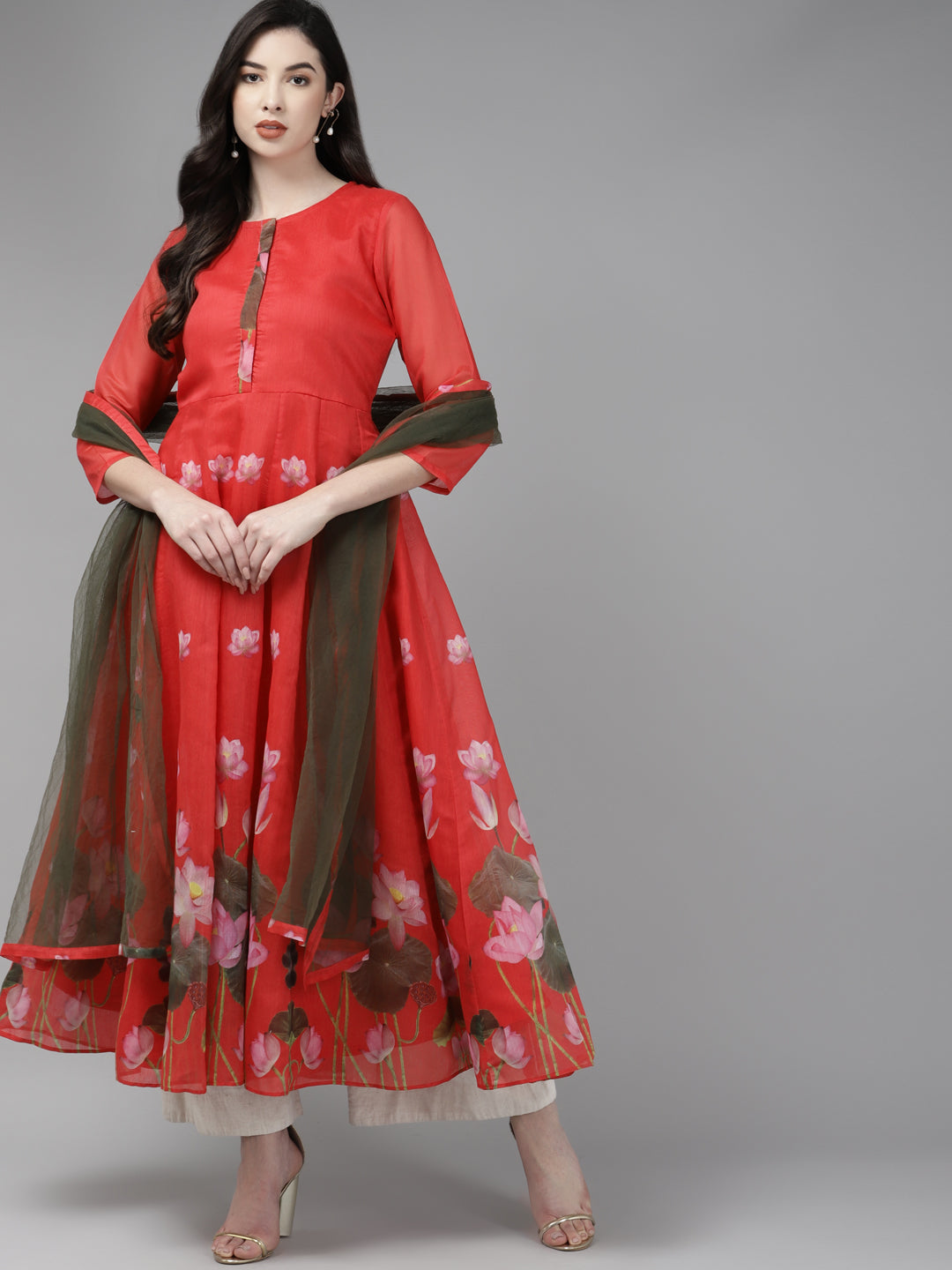 Women's Red & Green Floral Printed Chanderi Silk Anarkali Kurta With Dupatta