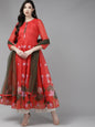Women's Red & Green Floral Printed Chanderi Silk Anarkali Kurta With Dupatta