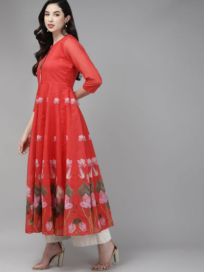 Women's Red & Green Floral Printed Chanderi Silk Anarkali Kurta With Dupatta