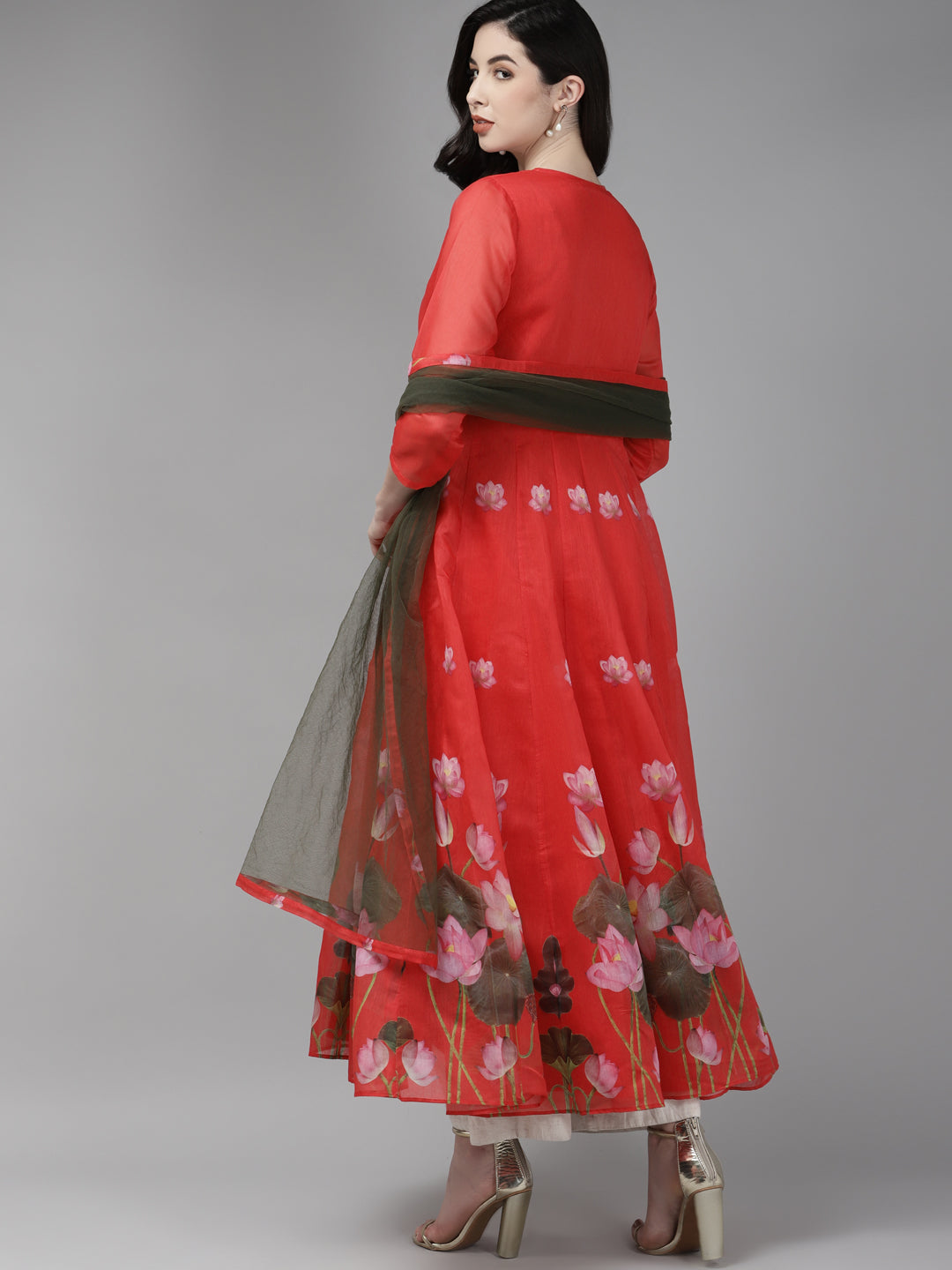 Women's Red & Green Floral Printed Chanderi Silk Anarkali Kurta With Dupatta