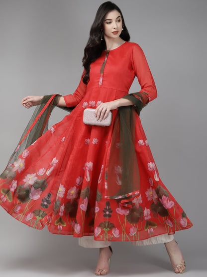 Women's Red & Green Floral Printed Chanderi Silk Anarkali Kurta With Dupatta